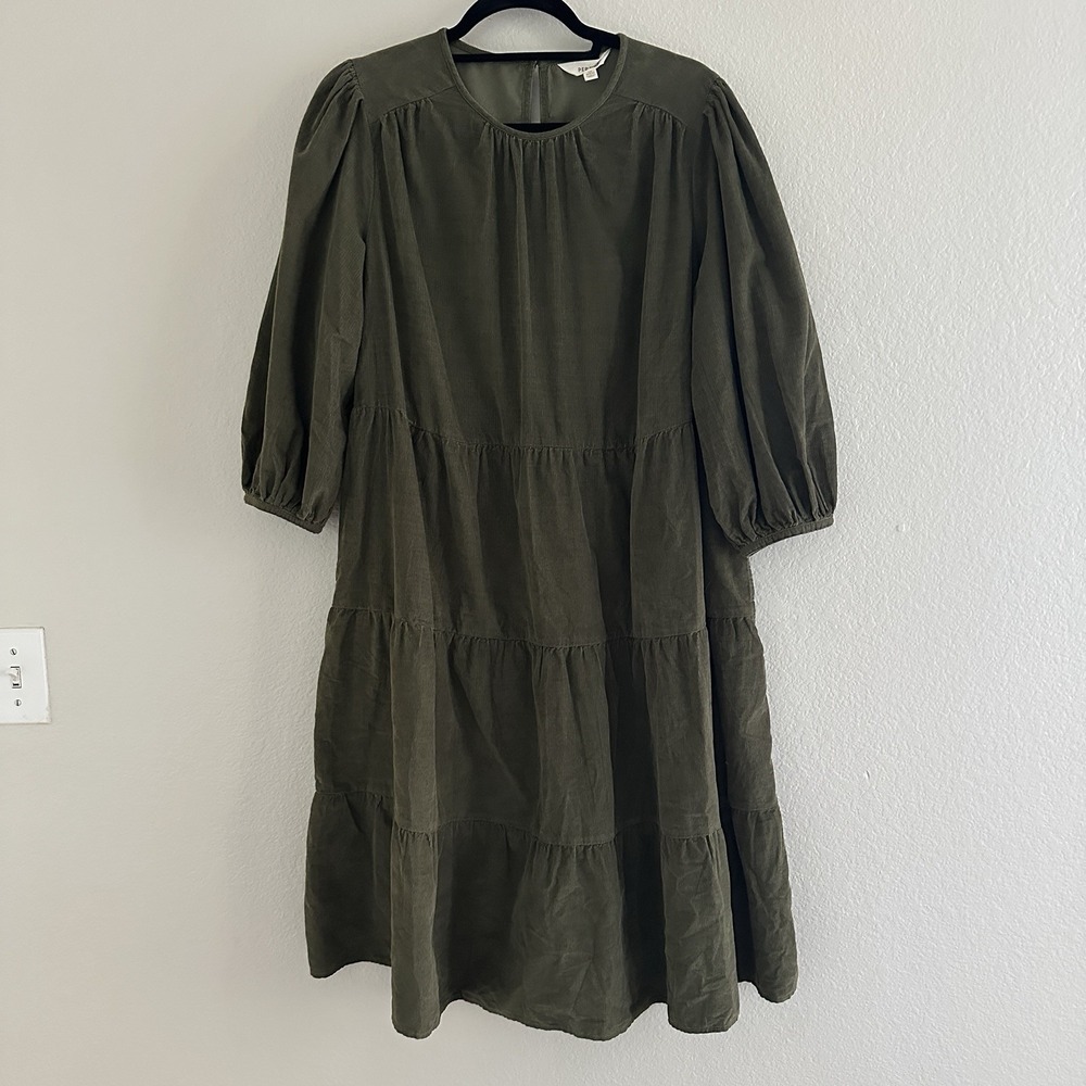 Per Una Womens Dress Size 10 Reg Hunter Green Midi Tiered Corduroy